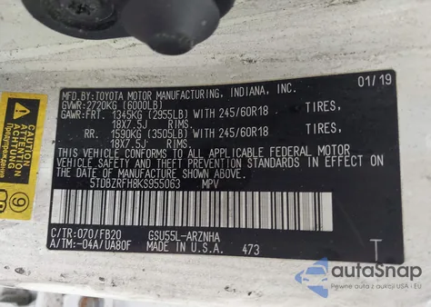 2019 Toyota Highlander Le из США, поврежденный, VIN 5TDBZRFH8KS955063